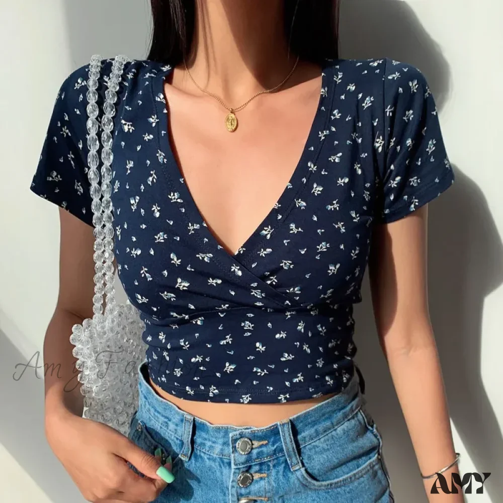 AMY FASHION - French Retro Floral V-neck Slim T-shirt Crop Top - Image 3