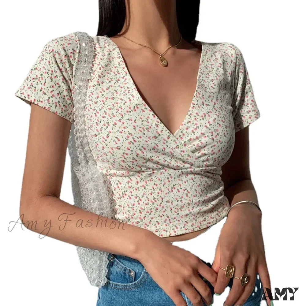 AMY FASHION - French Retro Floral V-neck Slim T-shirt Crop Top - Image 4