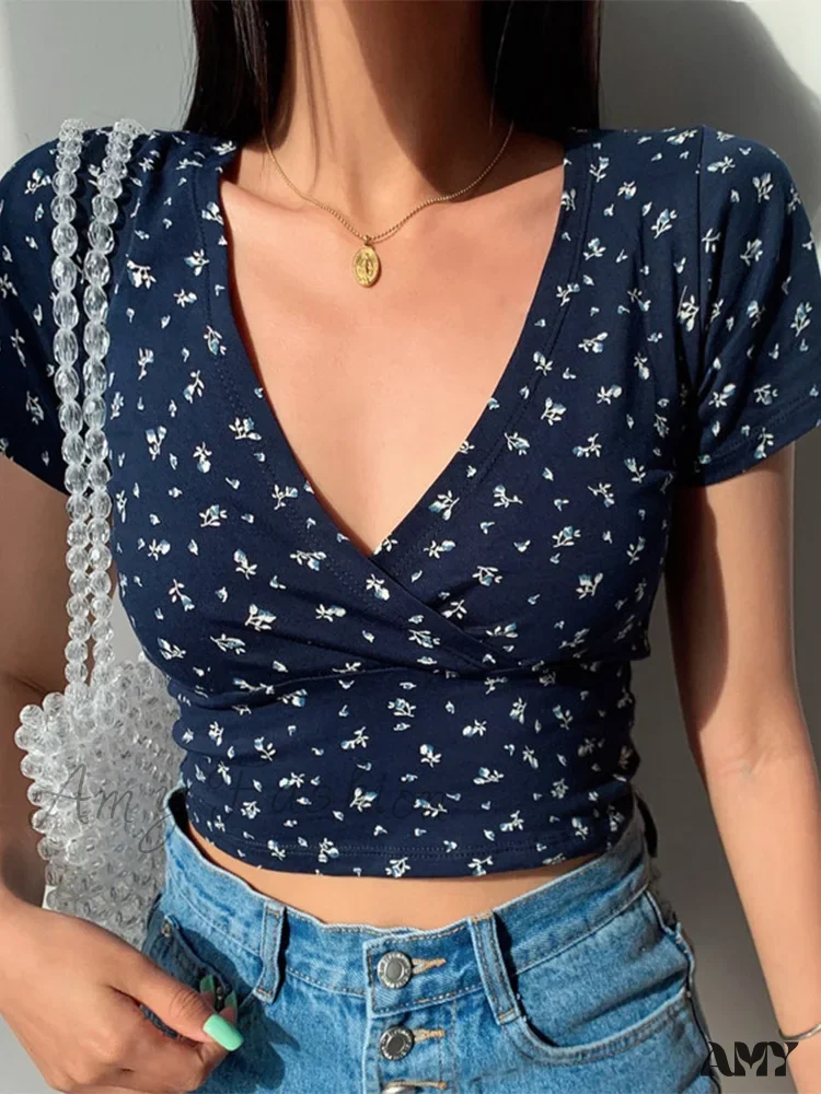 AMY FASHION - French Retro Floral V-neck Slim T-shirt Crop Top - Image 9