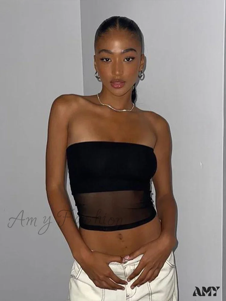 AMY - Mesh Patchwork Sexy Off Shoulder Slim Tank Crop Top - Image 3