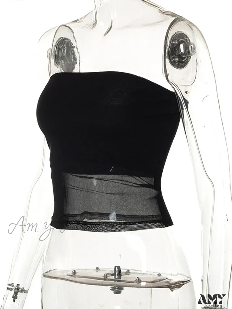 AMY - Mesh Patchwork Sexy Off Shoulder Slim Tank Crop Top - Image 5