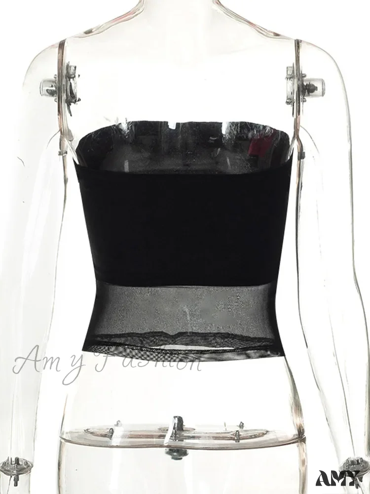 AMY - Mesh Patchwork Sexy Off Shoulder Slim Tank Crop Top - Image 6