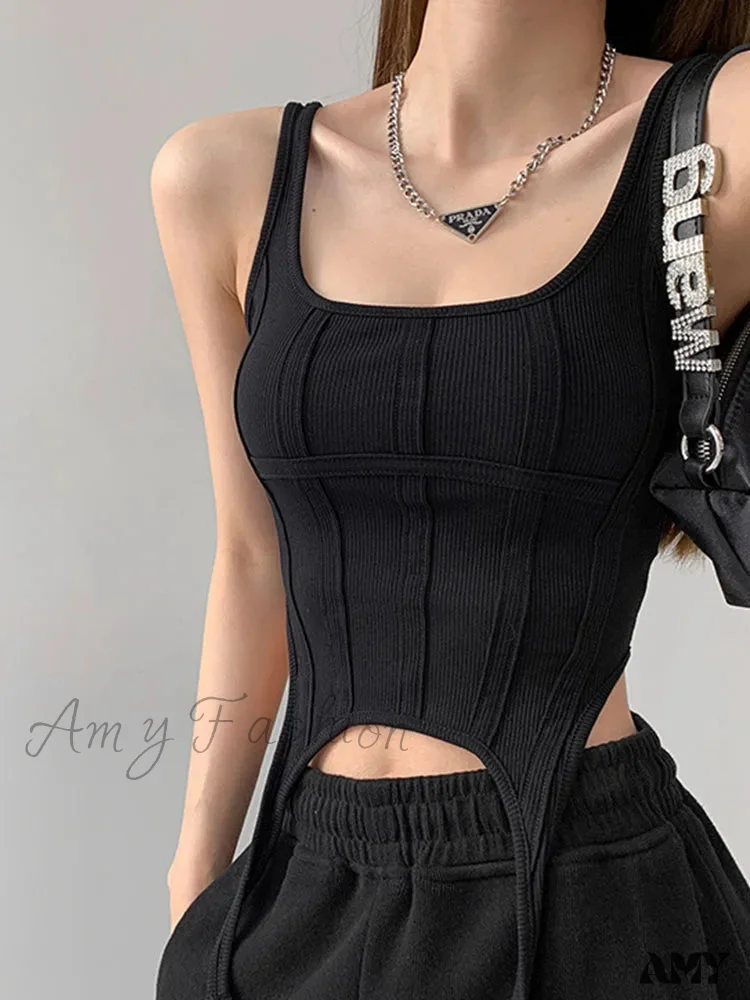 AMY FASHION - Safari Style Sleeveless Irregular Sort Tops Crop Top - Image 3