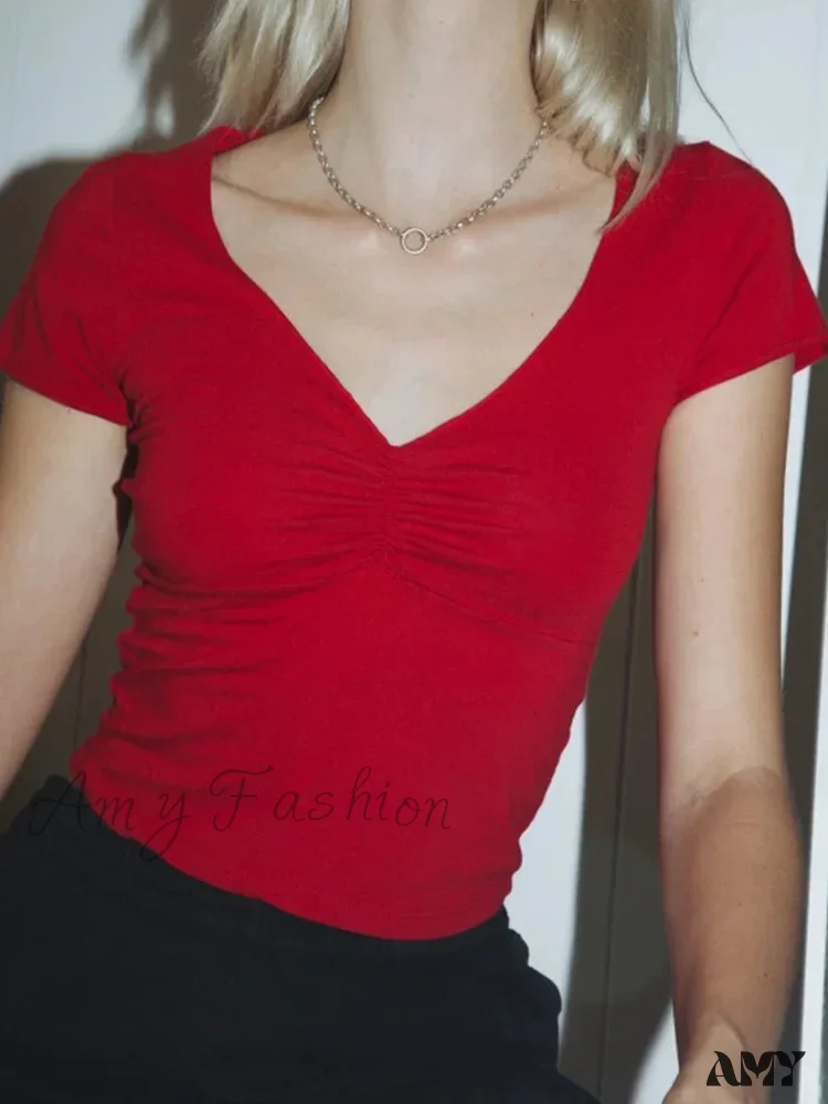 AMY FASHION - Soft Stretchy Fitted V-neck Tee Seam Bust Crop Top - Image 4