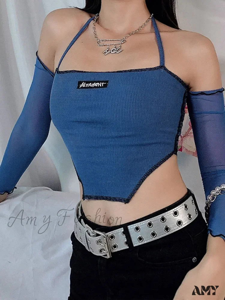AMY - Sweet Sling Ribbing Knit Patchwork Long Sleeve Tee Crop Top - Image 3