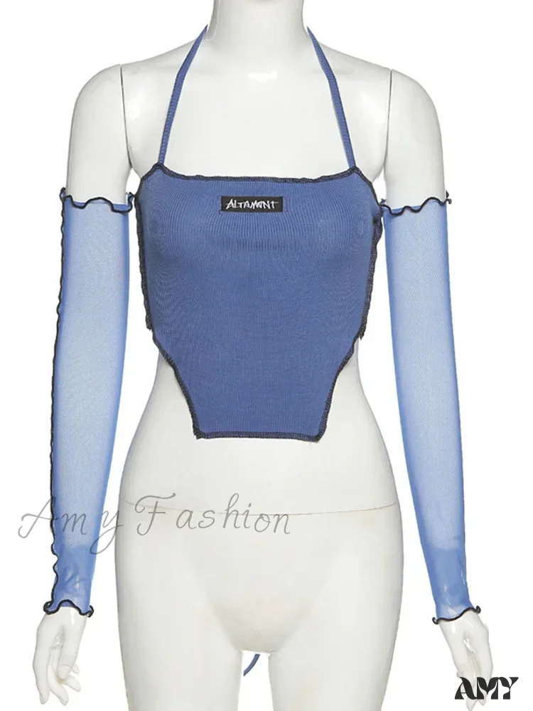 AMY - Sweet Sling Ribbing Knit Patchwork Long Sleeve Tee Crop Top - Image 5