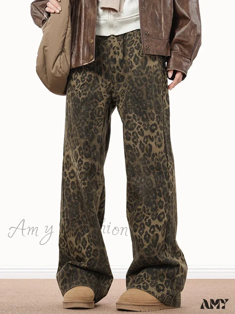 Amy Fashion - Wide Leg Leopard Print Women 2024 Y2K High Waisted Fashion Streetwear Retro Denim Baggy Casual Straight Jean - Image 2