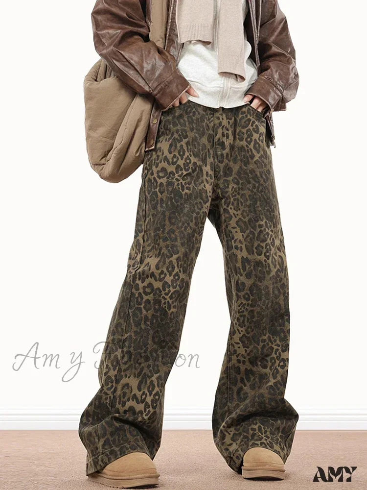 Amy Fashion - Wide Leg Leopard Print Women 2024 Y2K High Waisted Fashion Streetwear Retro Denim Baggy Casual Straight Jean - Image 3