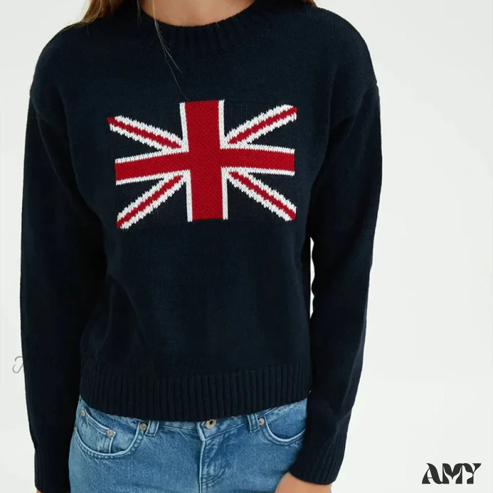 Art Y2k Harajuku Flag Pattern Round Neck Warm Regular Sweater - Image 3