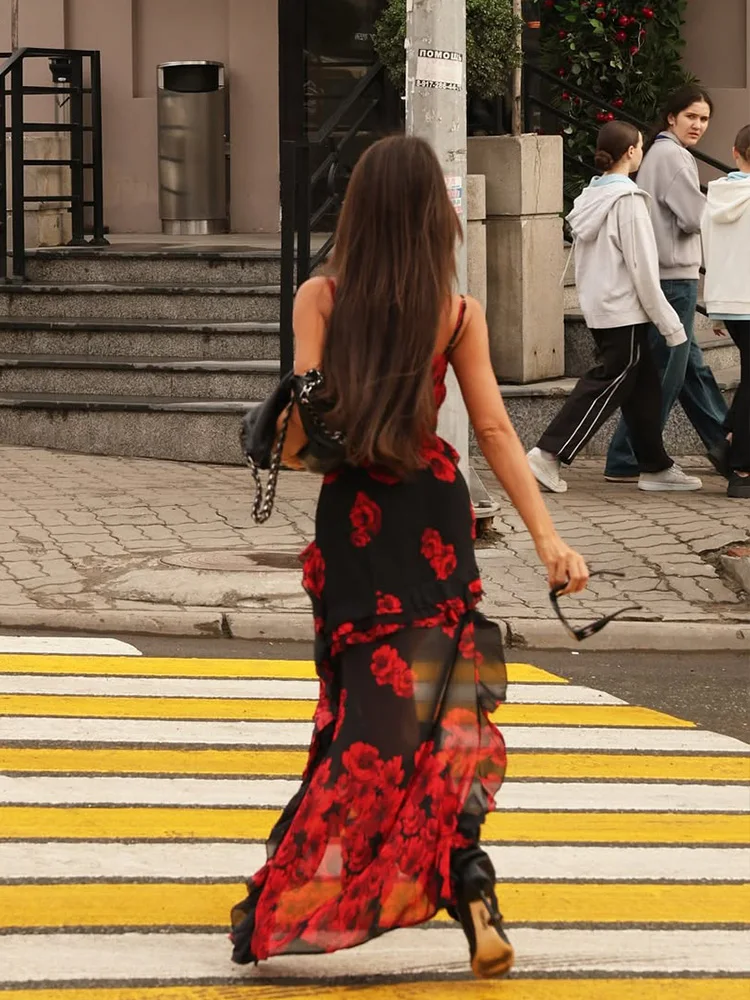 Asymmetrical Chiffon Street Floral Dress - Image 3