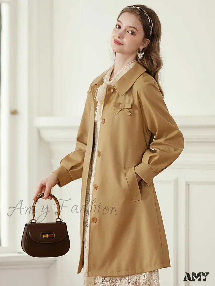 Autumn Khaki England Style Retro Mid-length Turn-down Collar Solid Coat