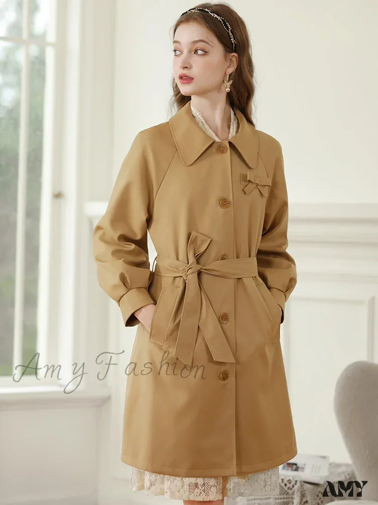 Autumn Khaki England Style Retro Mid-length Turn-down Collar Solid Coat - Image 2