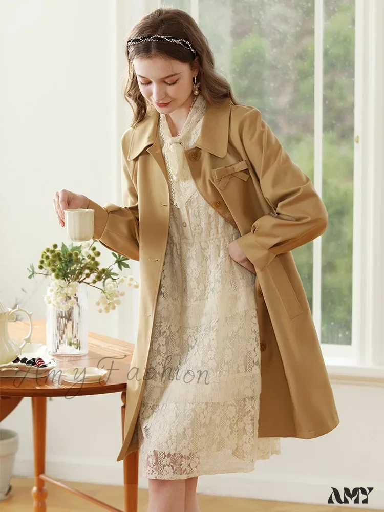 Autumn Khaki England Style Retro Mid-length Turn-down Collar Solid Coat - Image 3