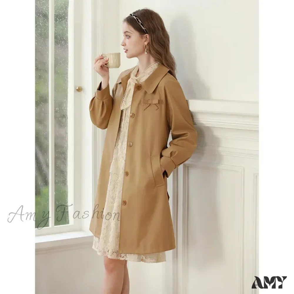 Autumn Khaki England Style Retro Mid-length Turn-down Collar Solid Coat - Image 5