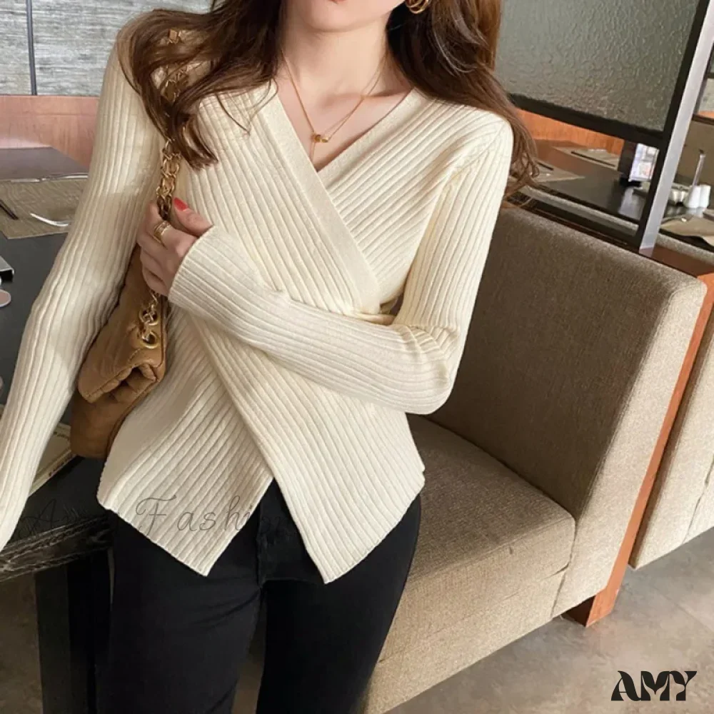 Autumn Knitted Base Solid Color V-Neck Tight Elastic Sexy Sweater - Image 2