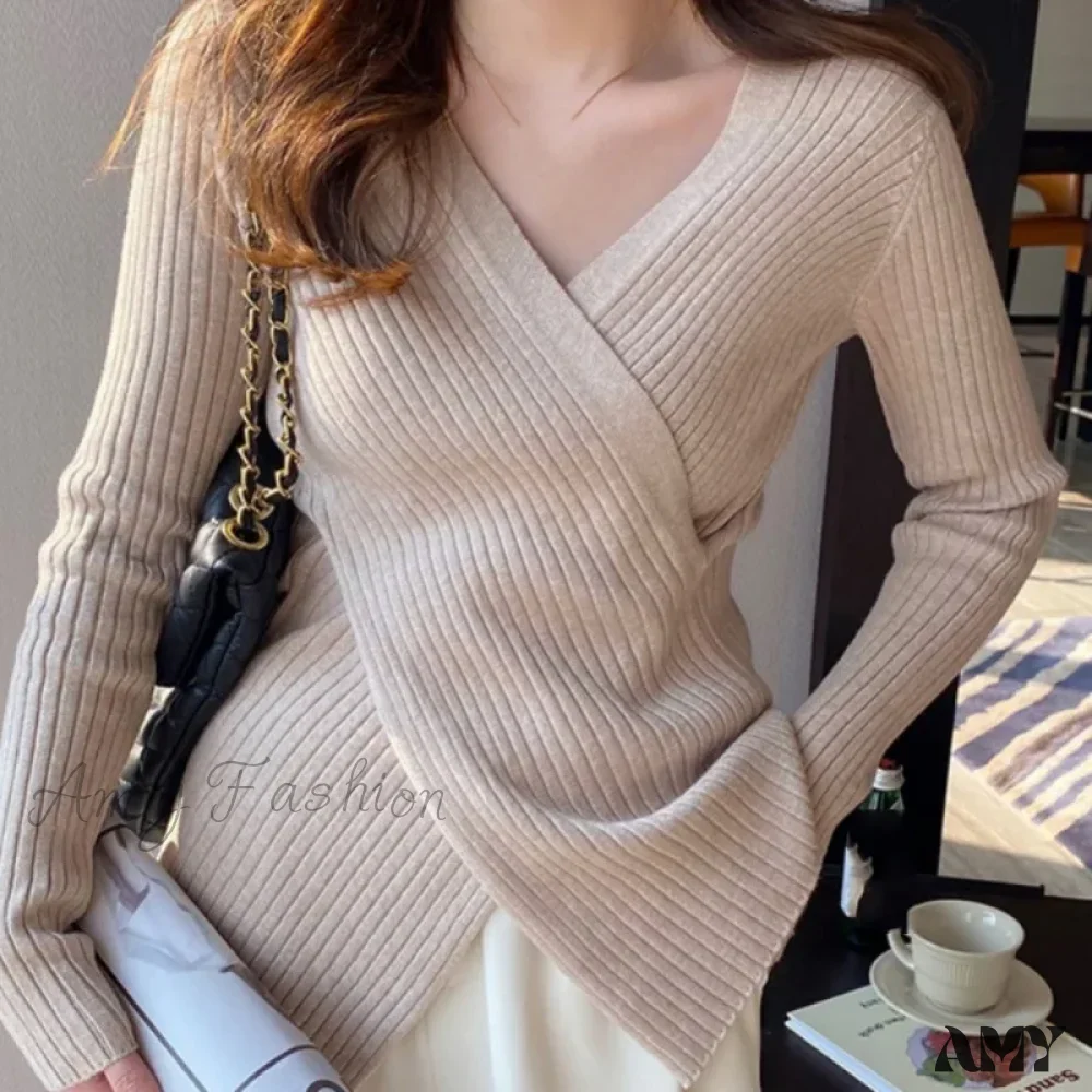 Autumn Knitted Base Solid Color V-Neck Tight Elastic Sexy Sweater - Image 4