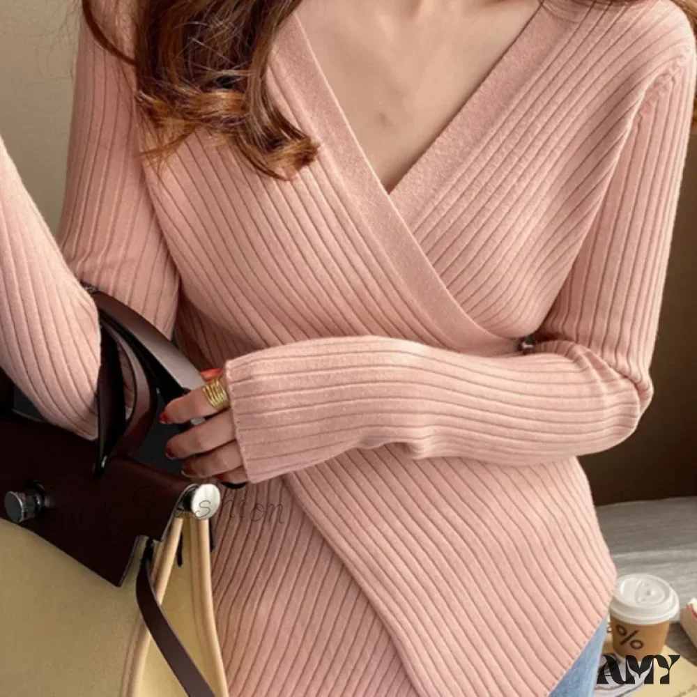 Autumn Knitted Base Solid Color V-Neck Tight Elastic Sexy Sweater - Image 5