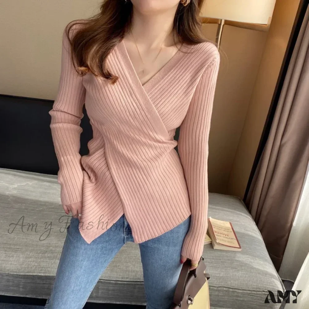 Autumn Knitted Base Solid Color V-Neck Tight Elastic Sexy Sweater - Image 6