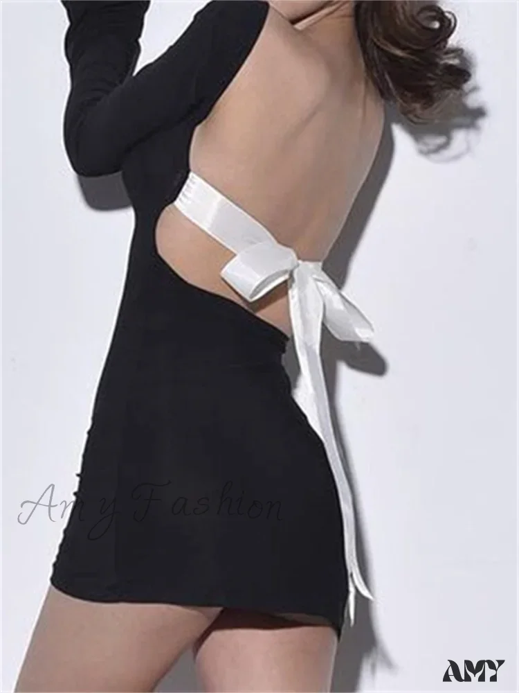 Amy Fashion - Autumn Slim Fit Backless Black Long Mini Dress - Image 3