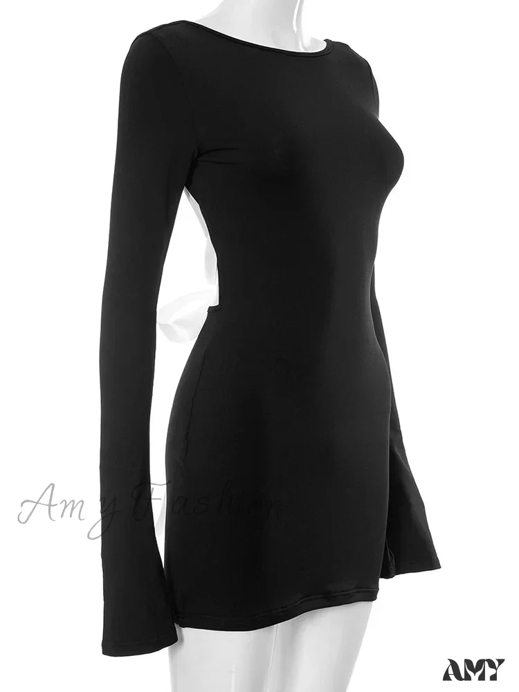 Amy Fashion - Autumn Slim Fit Backless Black Long Mini Dress - Image 5
