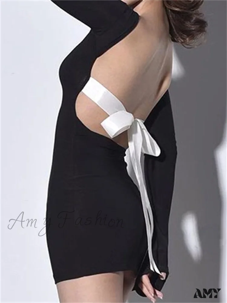 Amy Fashion - Autumn Slim Fit Backless Black Long Mini Dress - Image 7