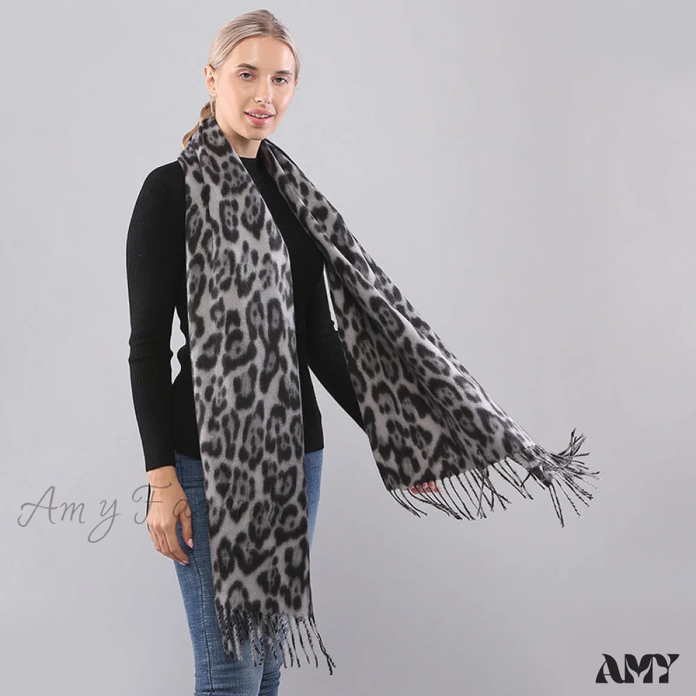 Autumn Winter Long Leopard Print Fringe Double-Sided Thick Warm Cozy Scarf - Image 3