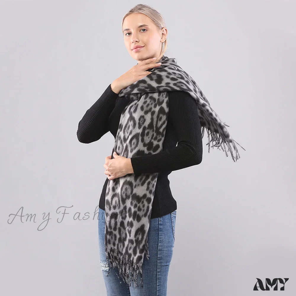 Autumn Winter Long Leopard Print Fringe Double-Sided Thick Warm Cozy Scarf - Image 4