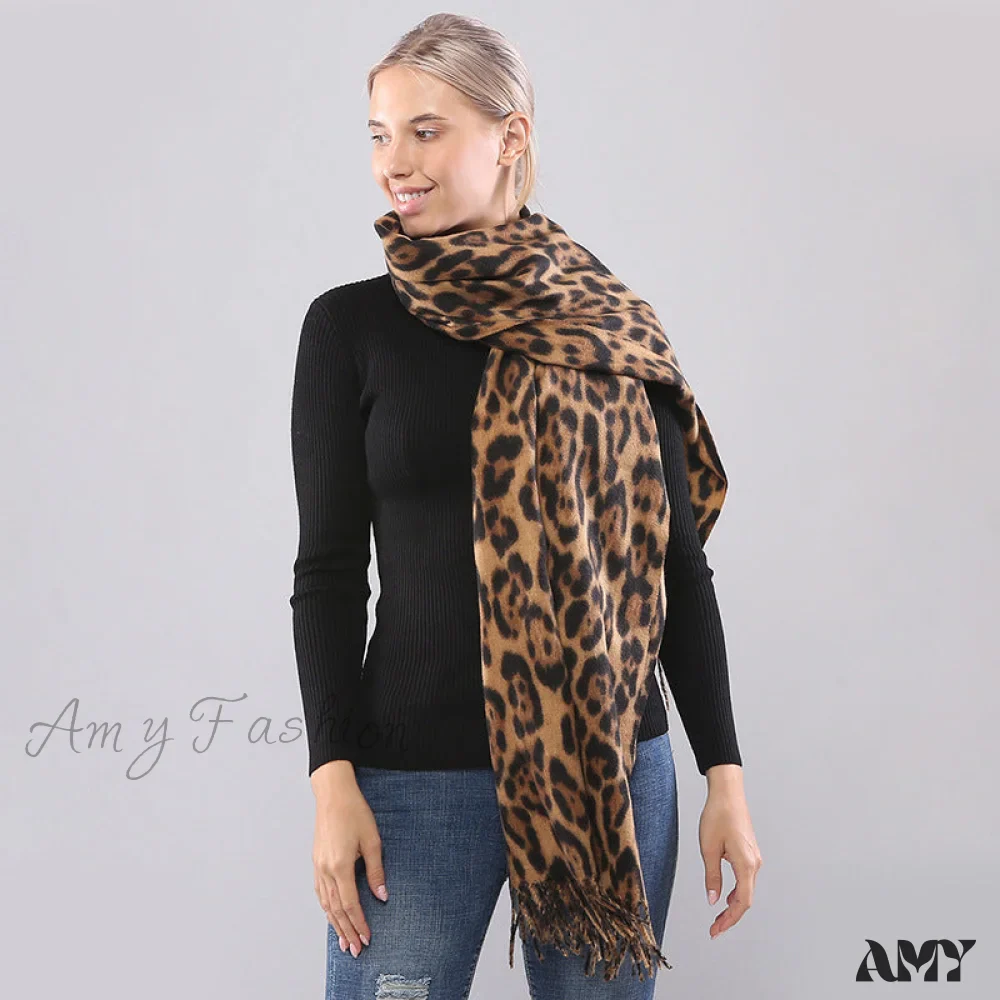 Autumn Winter Long Leopard Print Fringe Double-Sided Thick Warm Cozy Scarf - Image 5