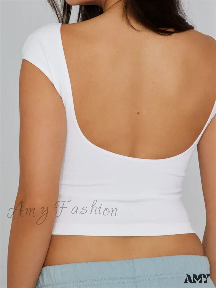 Amy Fashion - Backless Short Sleeve Low Cut O-Neck Crop Tops Solid Slim Fit T-shirts - Image 5