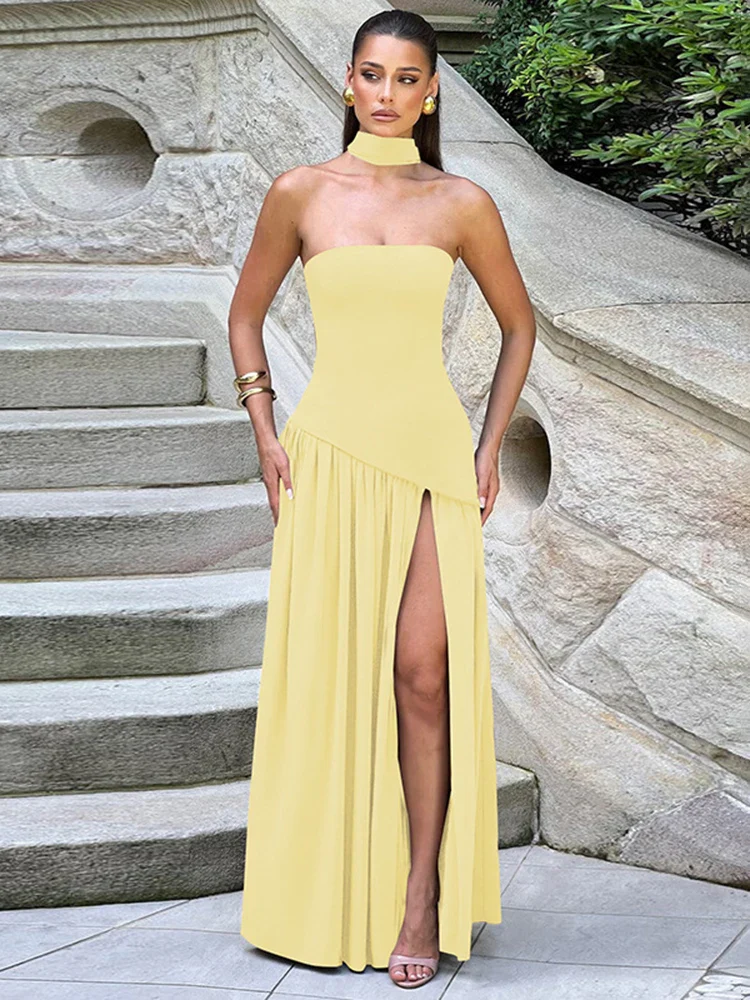 Backless Slit Ribbon Strapless Maxi Dress