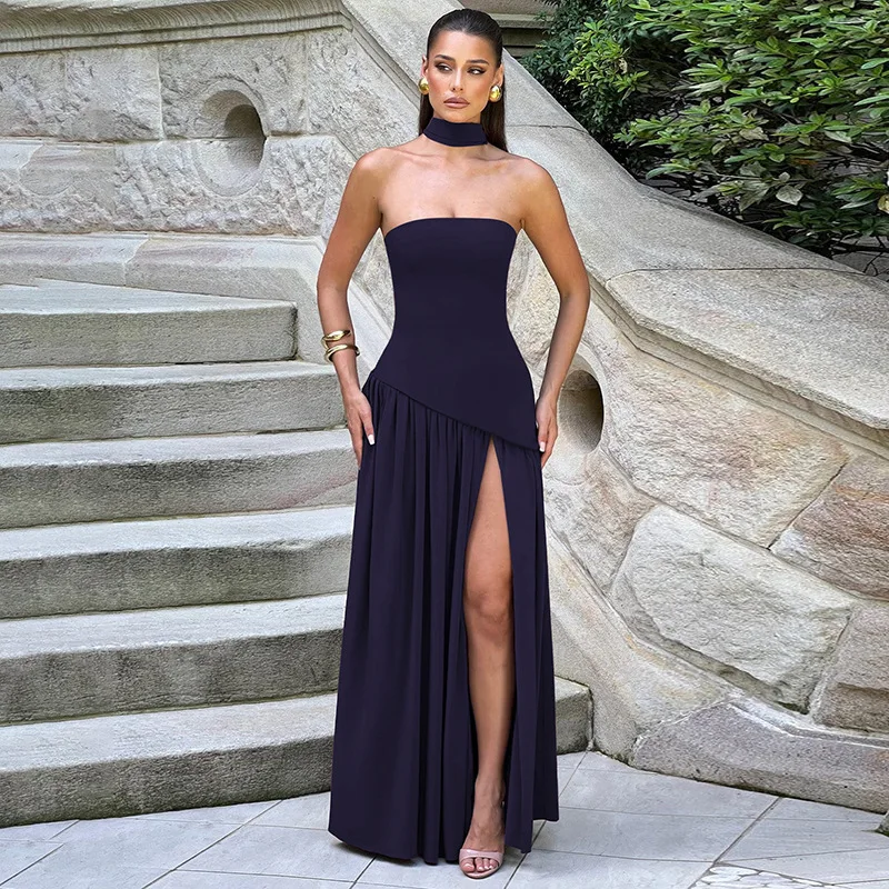 Backless Slit Ribbon Strapless Maxi Dress - Image 6