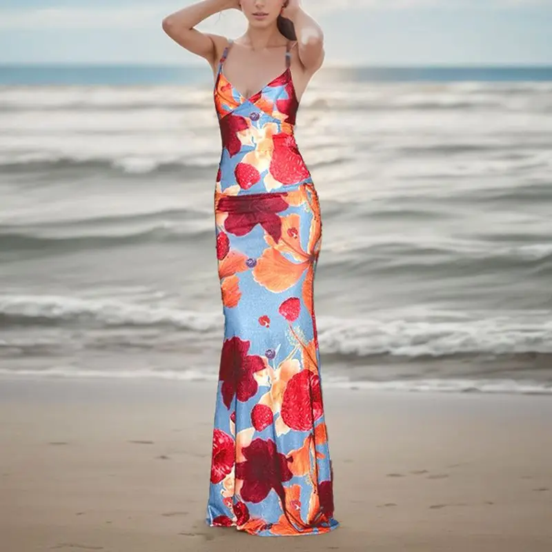 Beaded Contrast Floral Cami Vacation Dress - Image 2