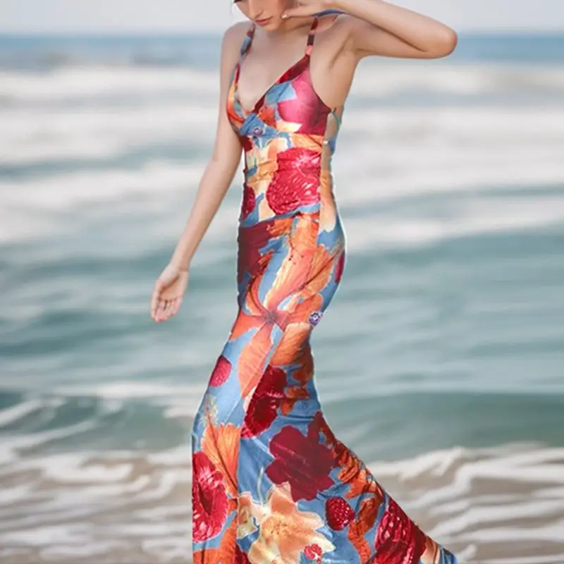 Beaded Contrast Floral Cami Vacation Dress - Image 3