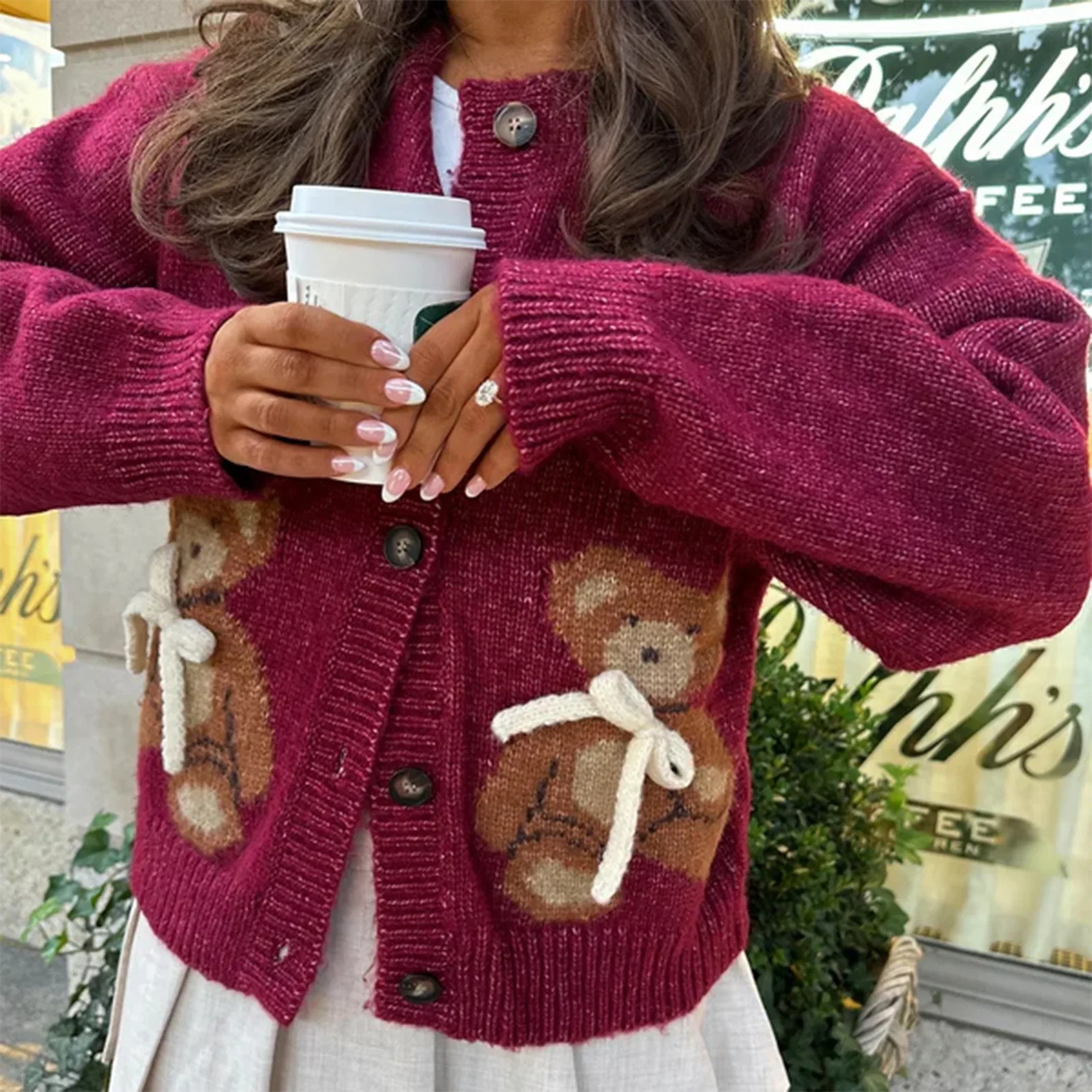 Bear Print Round Neck Button Knit Cardigan