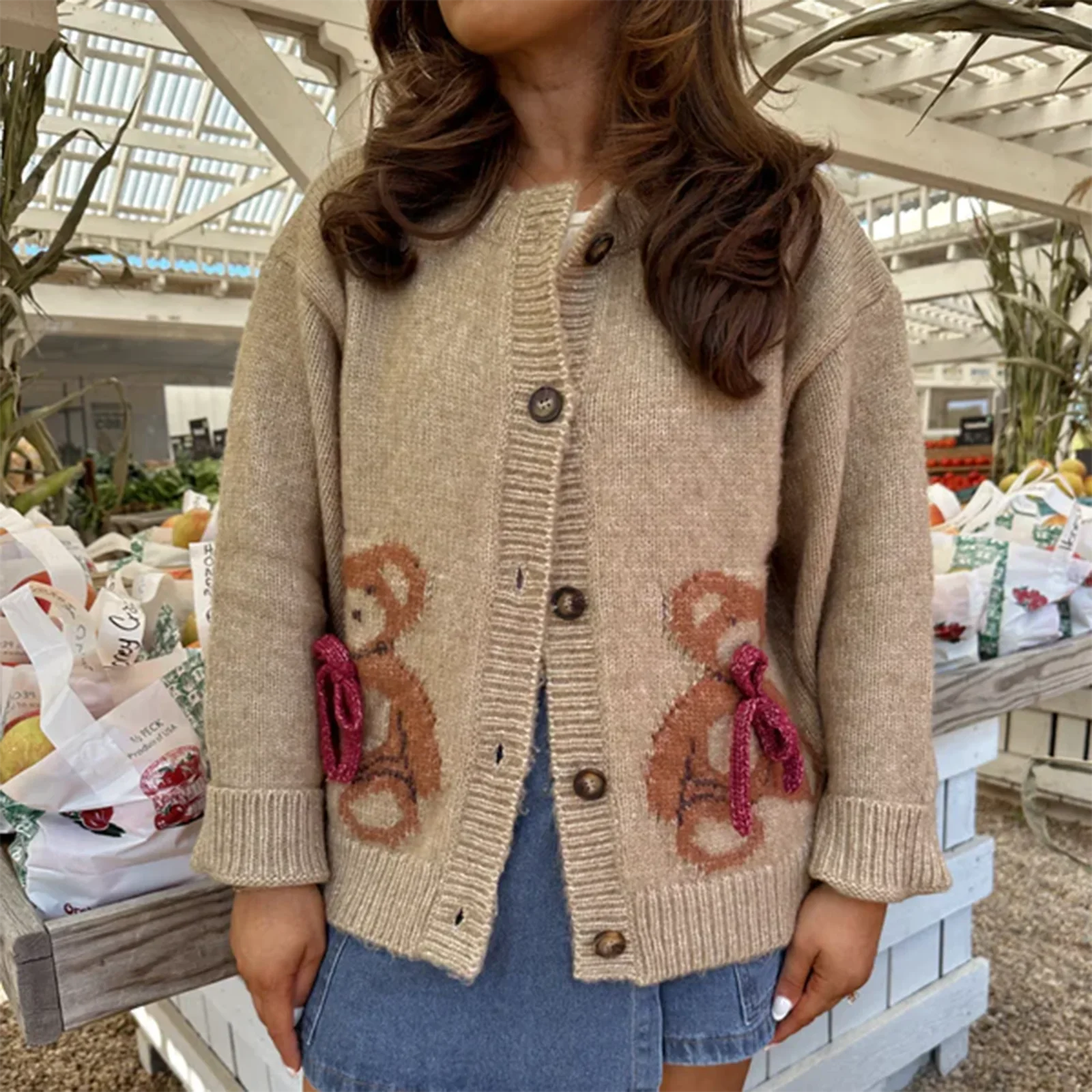 Bear Print Round Neck Button Knit Cardigan - Image 2