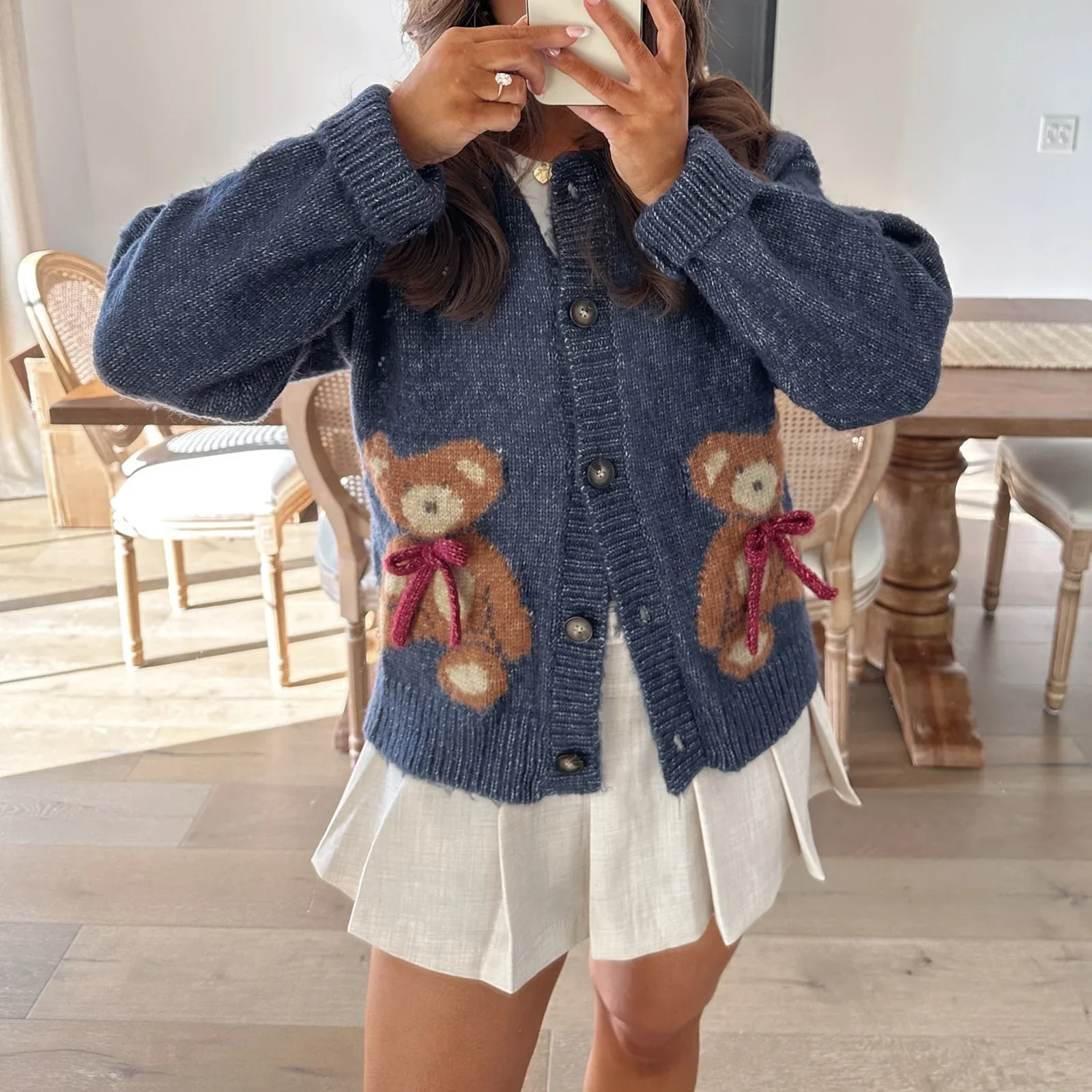 Bear Print Round Neck Button Knit Cardigan - Image 4