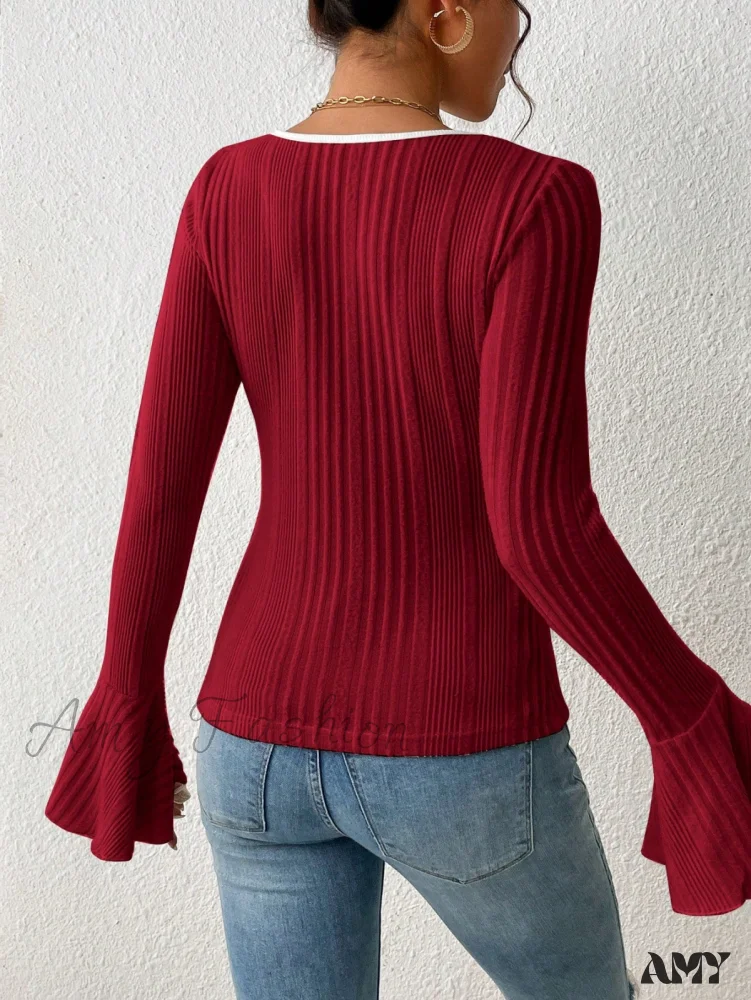 Amy Fashion - Binding Flounce Sleeve Scoop Neck Tee - Image 2