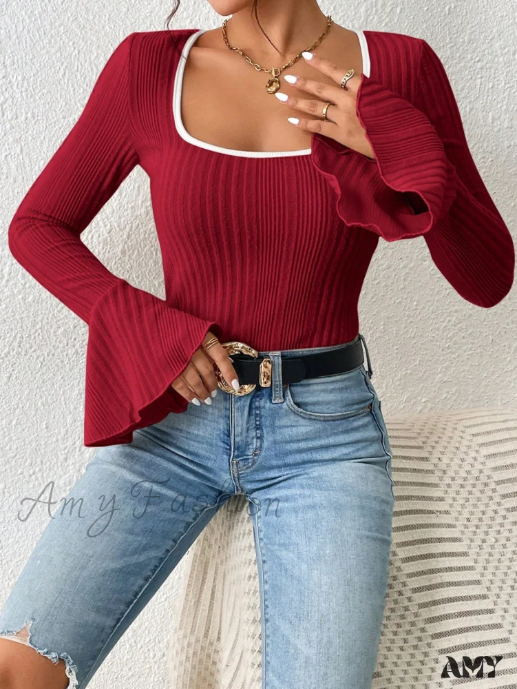 Amy Fashion - Binding Flounce Sleeve Scoop Neck Tee - Image 5
