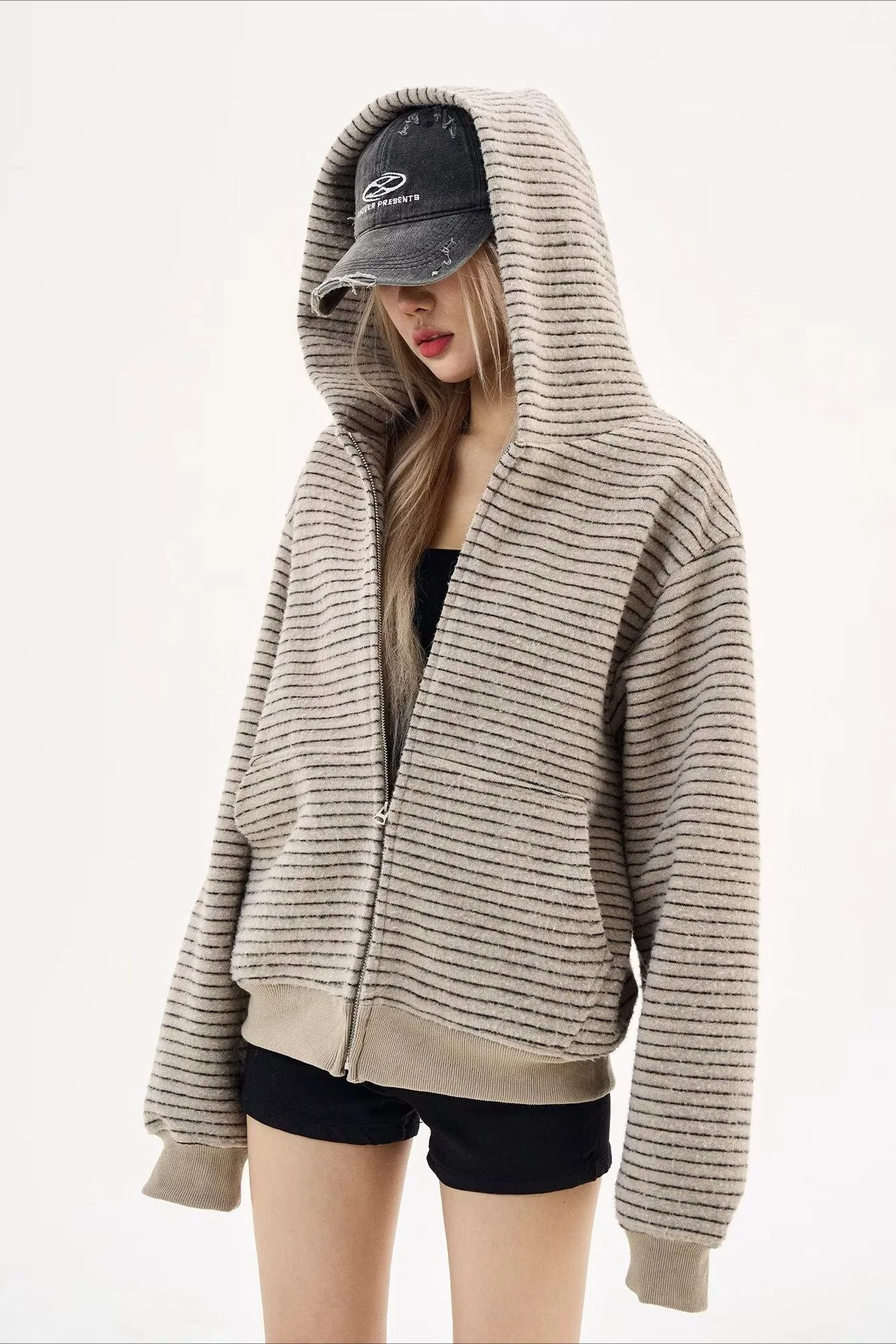 Black Knit Dual-Zip Mesh Fingerloop Hoodie - Image 3