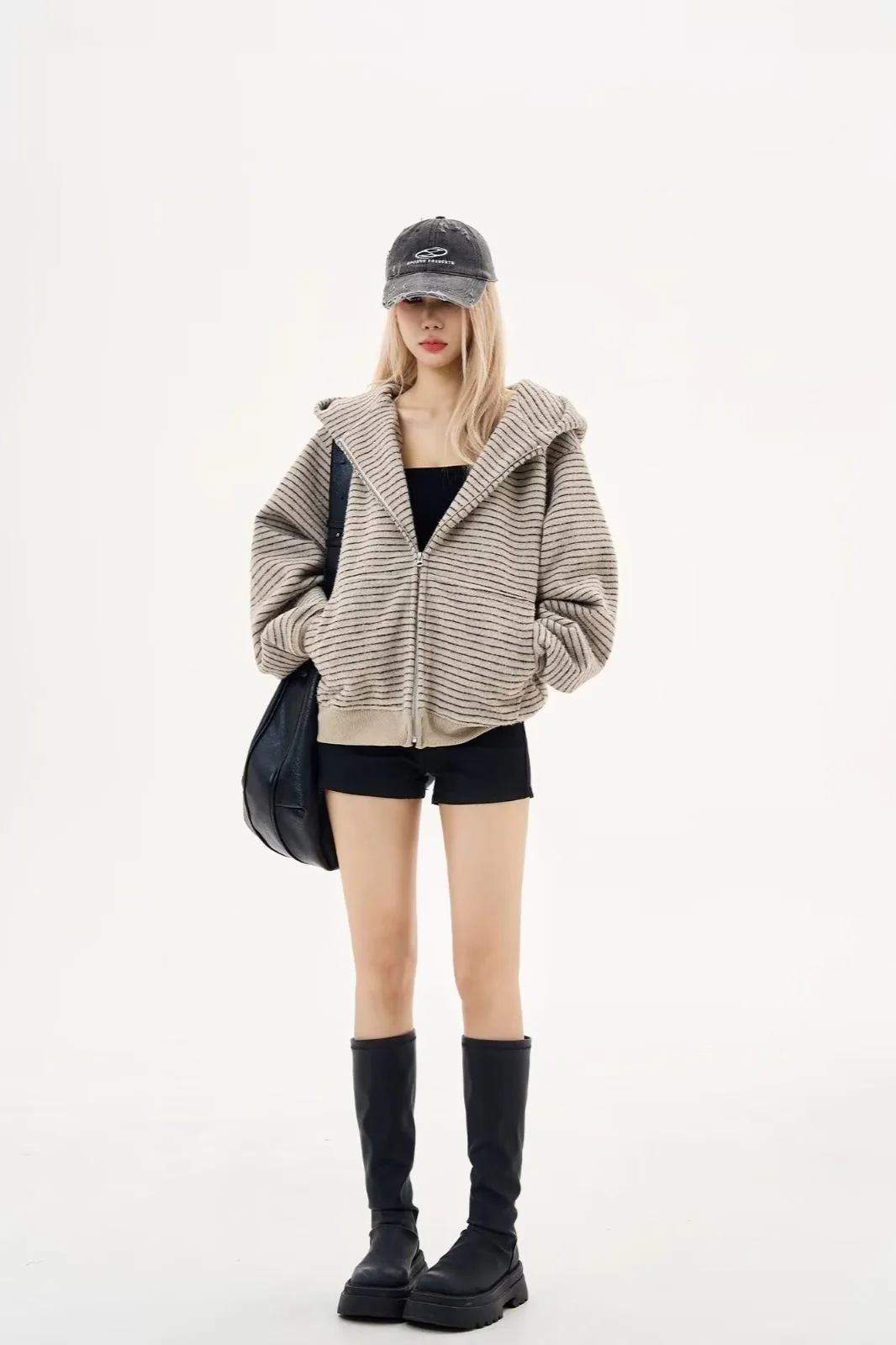 Black Knit Dual-Zip Mesh Fingerloop Hoodie - Image 5