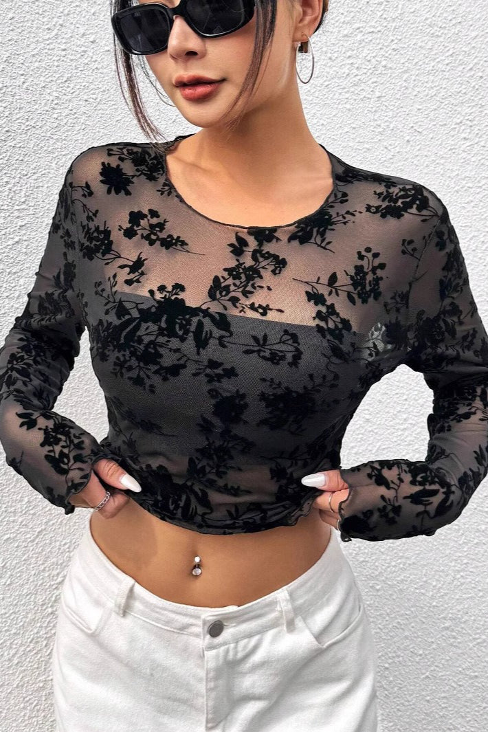 Black Mesh Crewneck Long-Sleeve Sexy Blouse - Image 3
