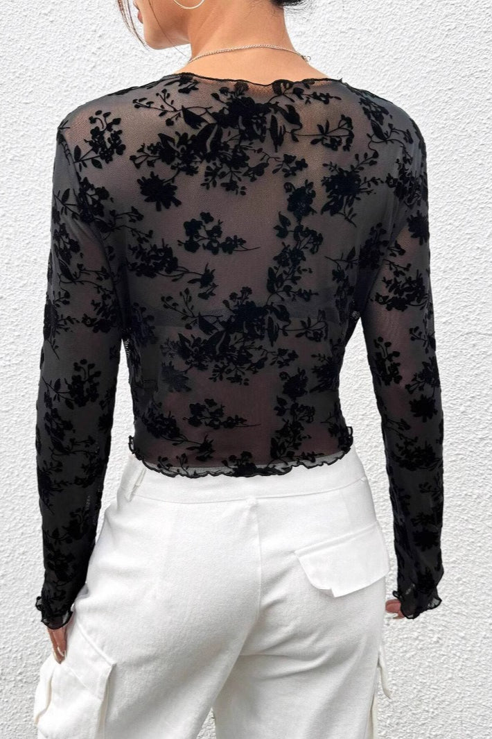 Black Mesh Crewneck Long-Sleeve Sexy Blouse - Image 4