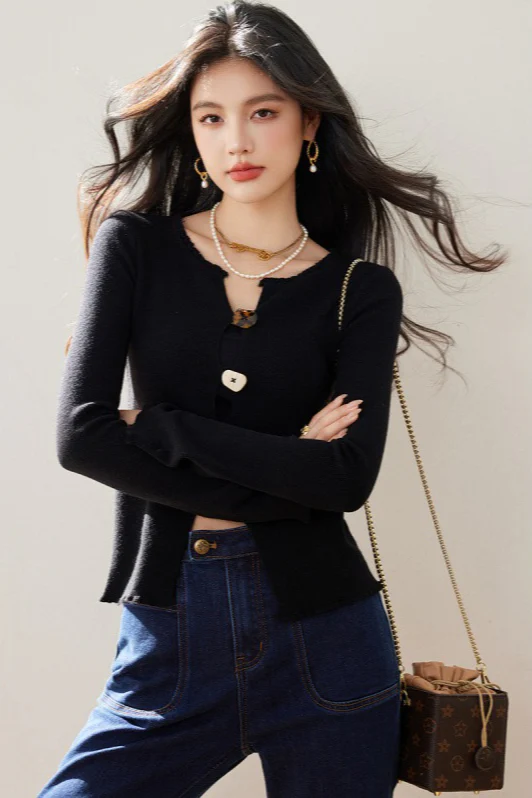 Black Slim Knit Cardigan Sexy Fitted Base Layer - Image 2