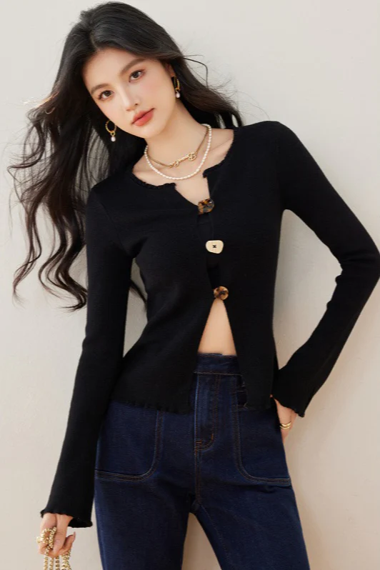 Black Slim Knit Cardigan Sexy Fitted Base Layer - Image 3
