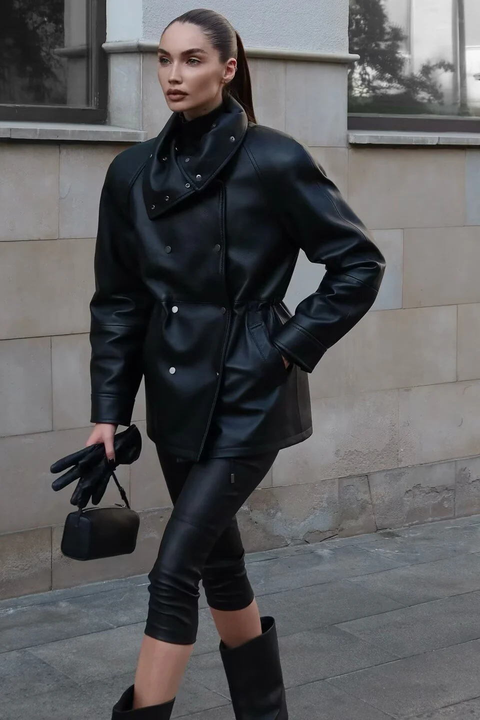 Black Stand Collar Slim Faux Leather Mid-Length Coat - Image 2