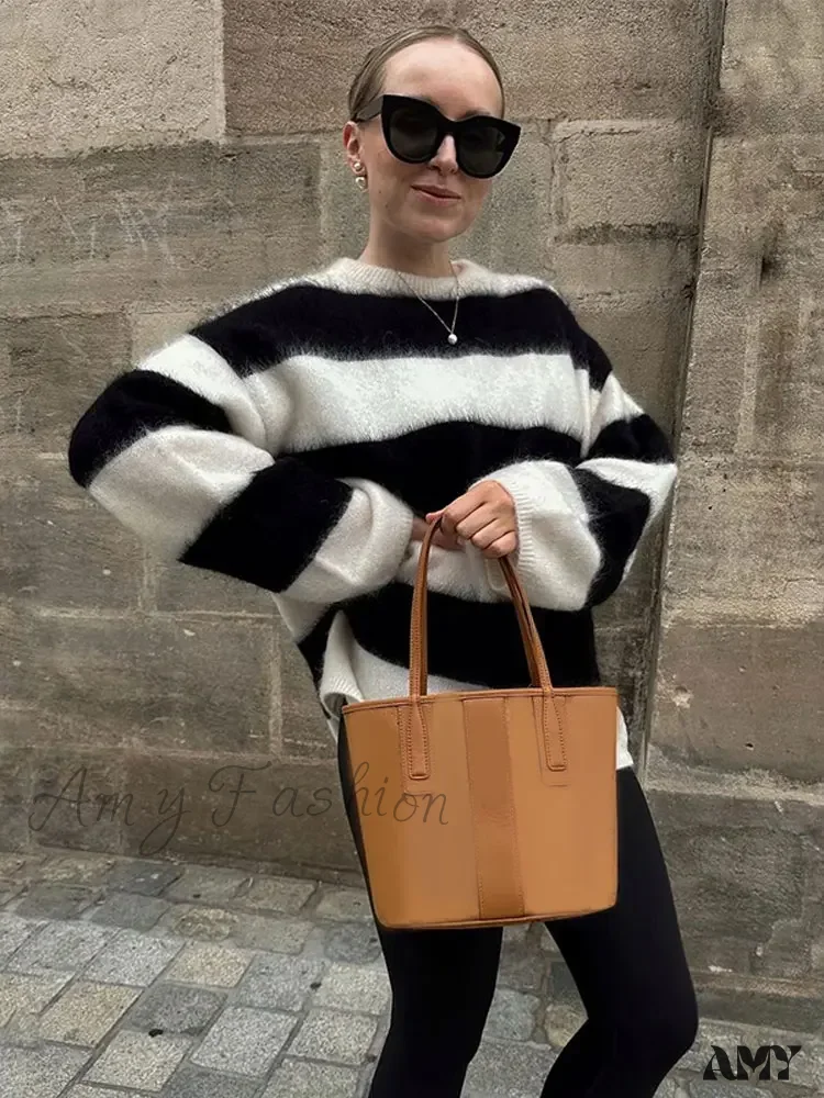 Black White Stripes Loose Casual Round Neck Warm Pullover Sweater - Image 5