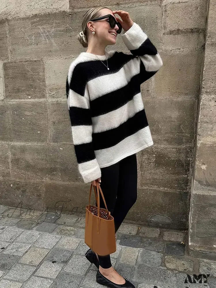 Black White Stripes Loose Casual Round Neck Warm Pullover Sweater - Image 6