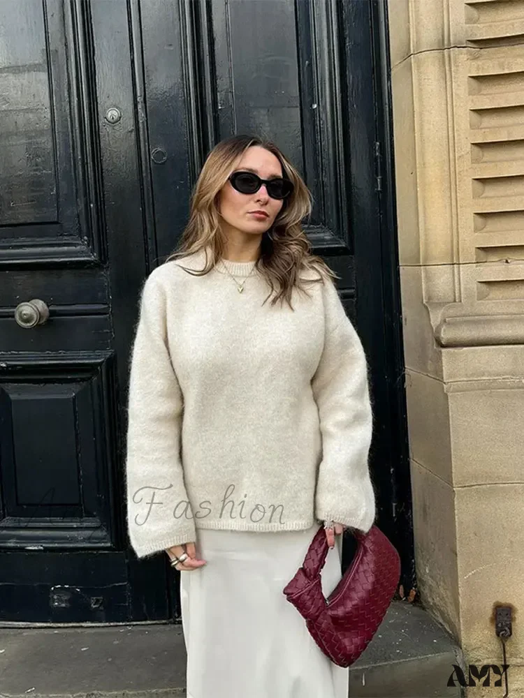 Black White Stripes Loose Casual Round Neck Warm Pullover Sweater - Image 7