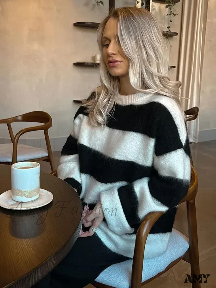Black White Stripes Loose Casual Round Neck Warm Pullover Sweater - Image 8