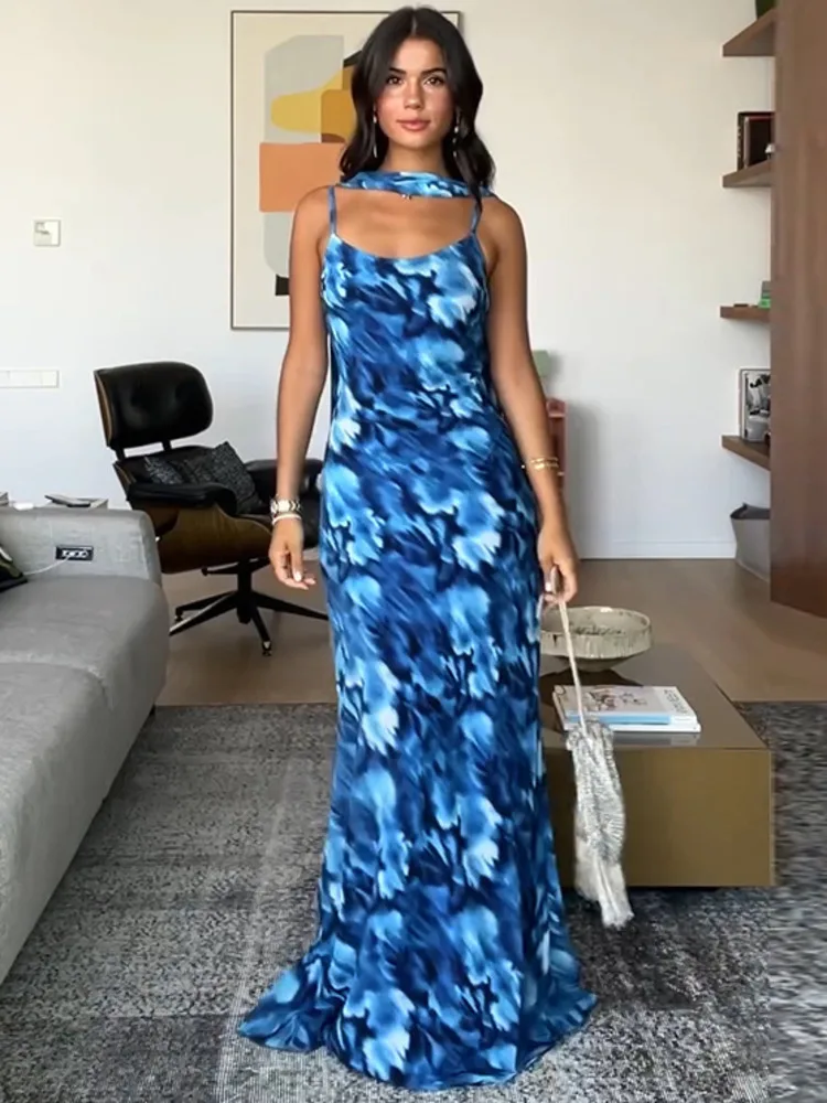 Blue Print Halter Lace-up Vacation Dress - Image 2